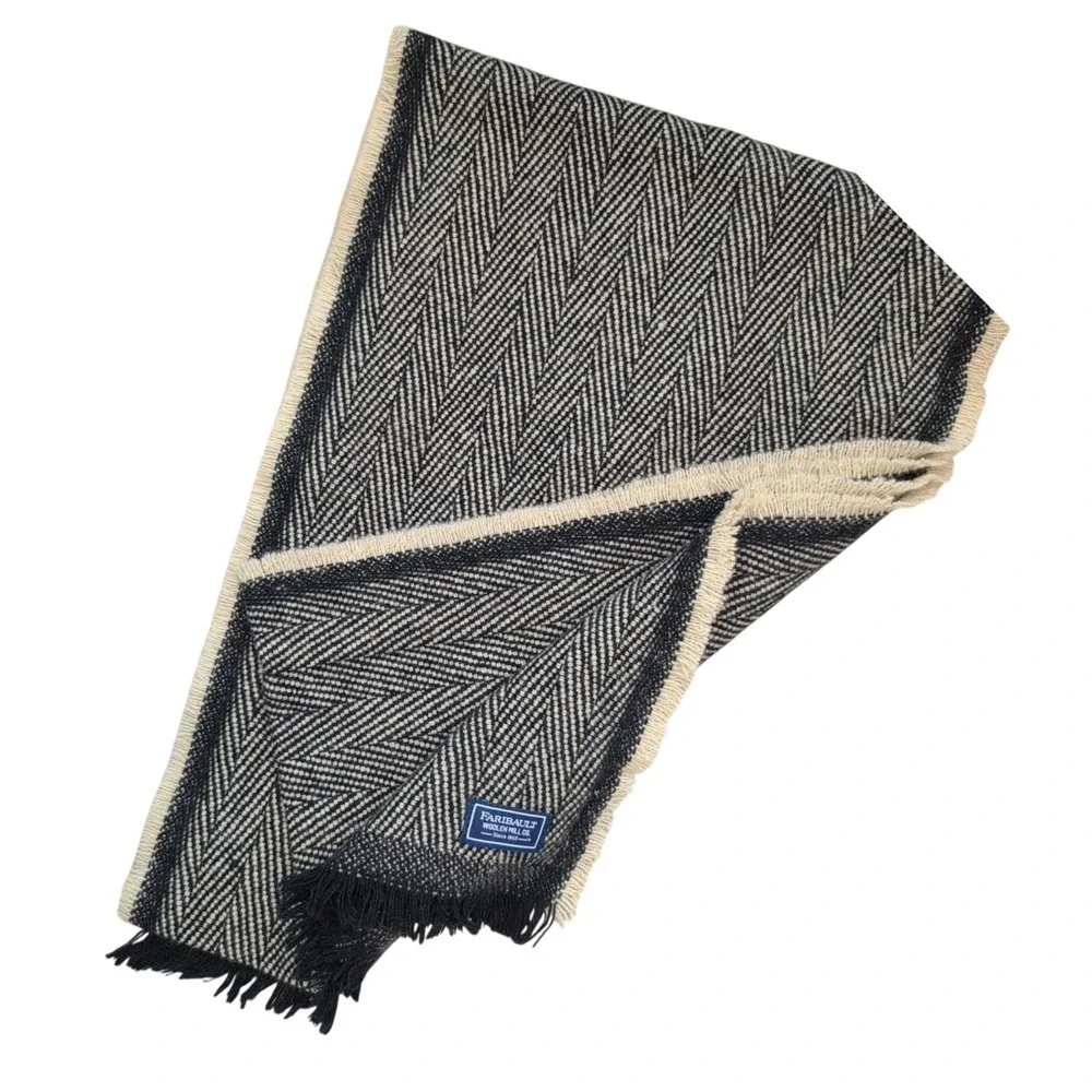 Faribault Woolen Mill Scarf Black Herringbone 100% Virgin Wool Made in USA